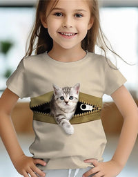 3d Printed Fun Children's Clothing Cute Animal Cat Baby Girl T-Shirt Summer Casual Short Sleeve Cool Girls' T-Shirt
