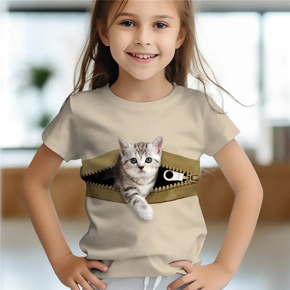 3d Printed Fun Children's Clothing Cute Animal Cat Baby Girl T-Shirt Summer Casual Short Sleeve Cool Girls' T-Shirt