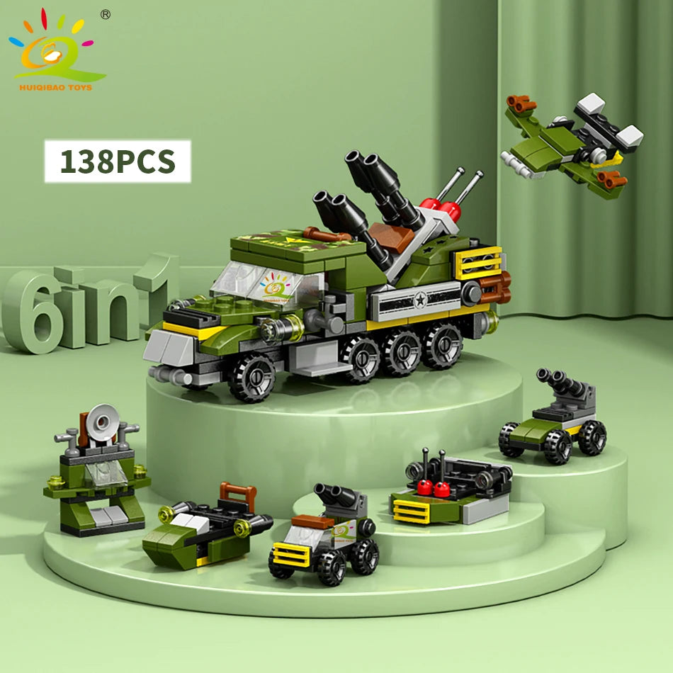 HUIQIBAO 6IN1 City Engineering Car Police Truck Building Blocks Tank Helicopter Bricks Fire Fighting Set Toys for Children