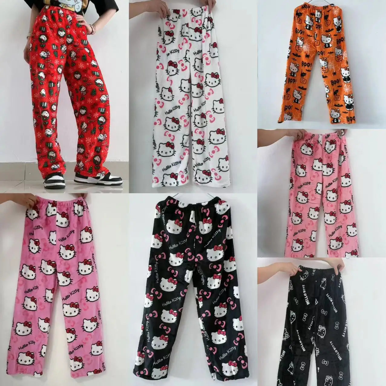 Sanrio Hello Kitty Y2k Kawaii Anime Flannel Pajamas Women'S Warm Woolen Cartoon Casual Home Pants Autumn Winter Fashion Trousers