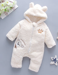 Baby Winter Thick Romper Solid Cotton Warm Long Sleeve Boy Girl Jumpsuit Clothes 0-24M Newborn Bear Fleece Hooded Pyjamas
