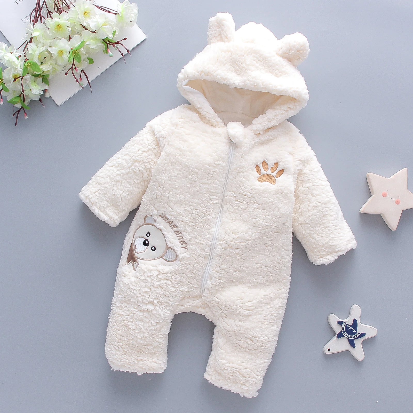 Baby Winter Thick Romper Solid Cotton Warm Long Sleeve Boy Girl Jumpsuit Clothes 0-24M Newborn Bear Fleece Hooded Pyjamas