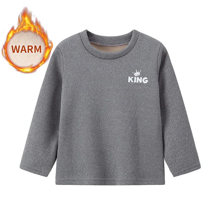 Autumn And Winter Children's Solid Color KING Letter Plus Velvet Long-sleeved Shirt Boy Casual Joker Thick Sweater Girl Sports T