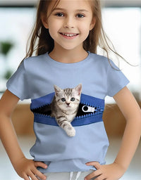 3d Printed Fun Children's Clothing Cute Animal Cat Baby Girl T-Shirt Summer Casual Short Sleeve Cool Girls' T-Shirt
