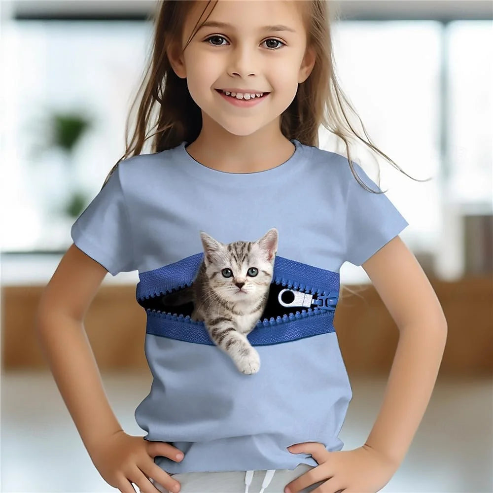 3d Printed Fun Children's Clothing Cute Animal Cat Baby Girl T-Shirt Summer Casual Short Sleeve Cool Girls' T-Shirt