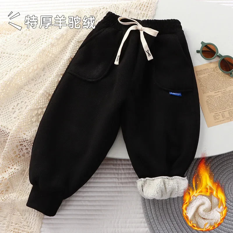 New Boys 2-12Y Winter Thick Sweatpants For Girls  Casual Pants Boy Student Loose Sports Pants Baby Pockets Kids Trousers