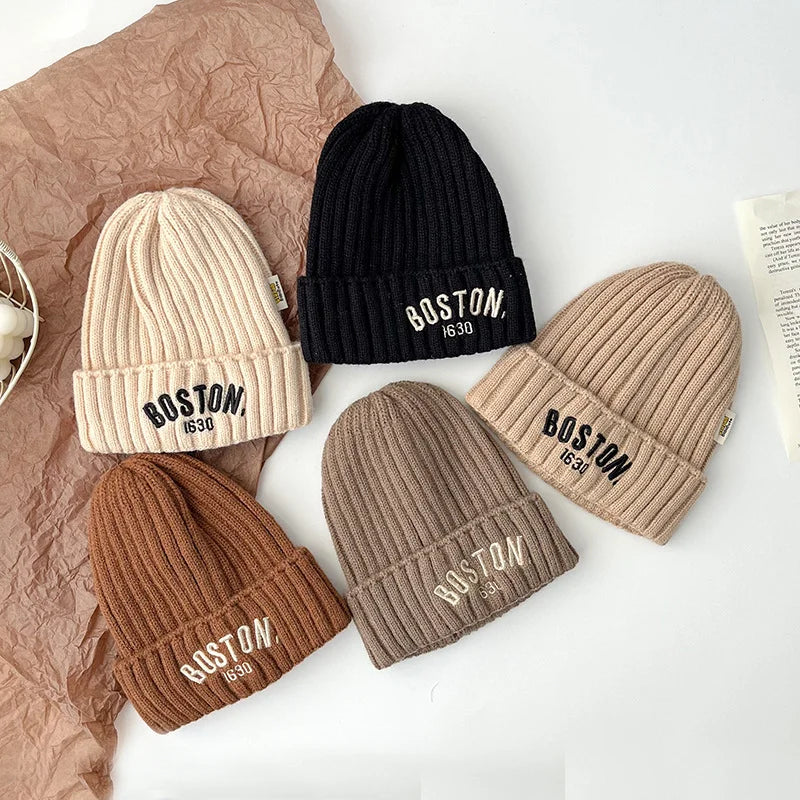 Autumn Winter Baby Embroidery Letter Knitting Caps Kid Boy Solid Warm Beanies Girl Children Fashion Casual Hat Infant Soft Caps