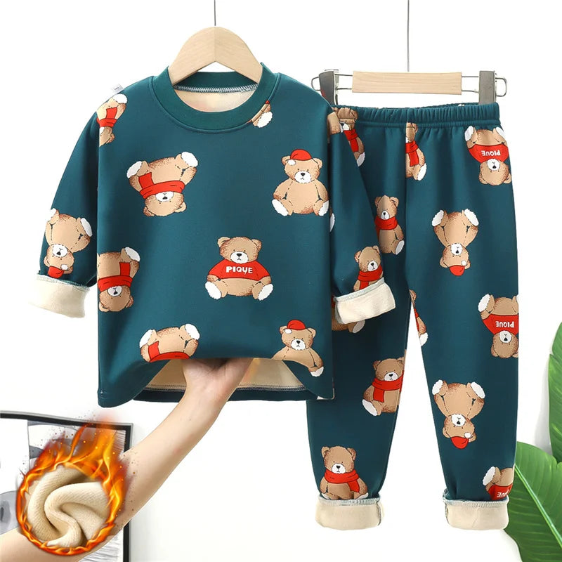 Kids Warm Pajama Sets Autumn Winter Plus Velvets Clothing Suits Boys Girls Fashion Print Pullover+Pants 2Pcs Outfits 1-14 Years