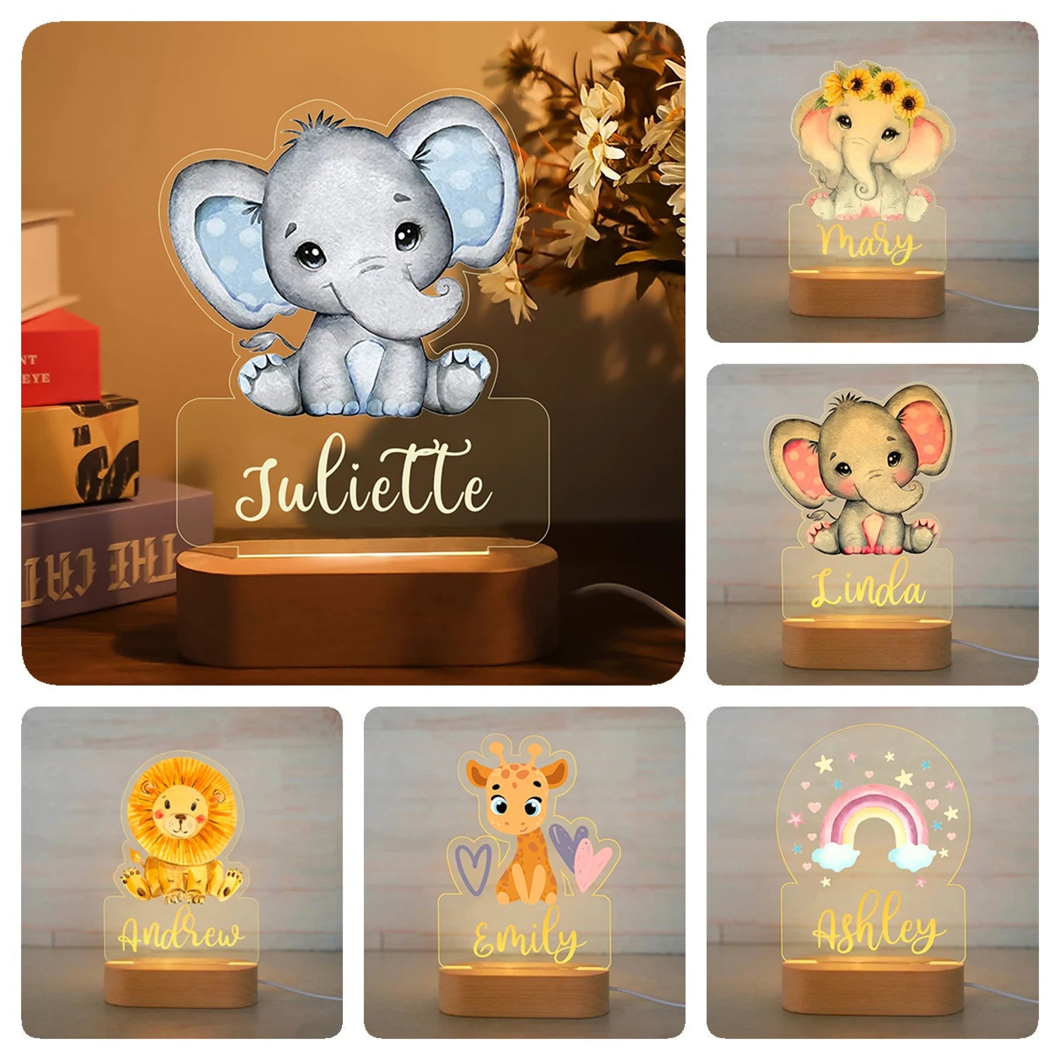 Personalized Children Animal Night Light Custom Name Acrylic Lamp Baby Kids Bedroom Decoration Neonate Christmas Birthday Christmas Gift