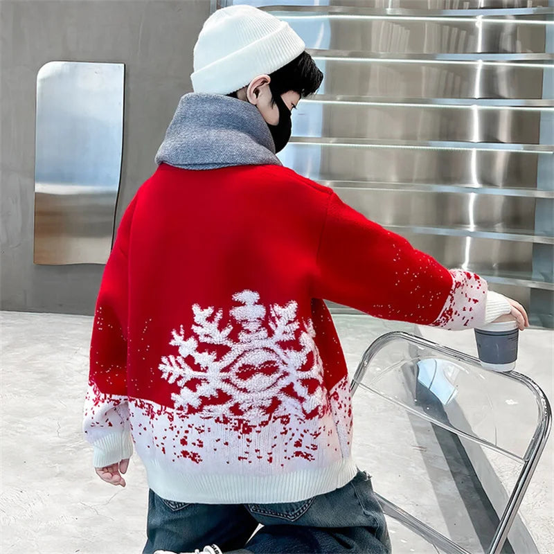 Child Autumn Winter Christmas Sweater One Piece For Boys Kids Red New Year Pullover Knitwear with Snowflakes Sweaters 5 To 14 Y