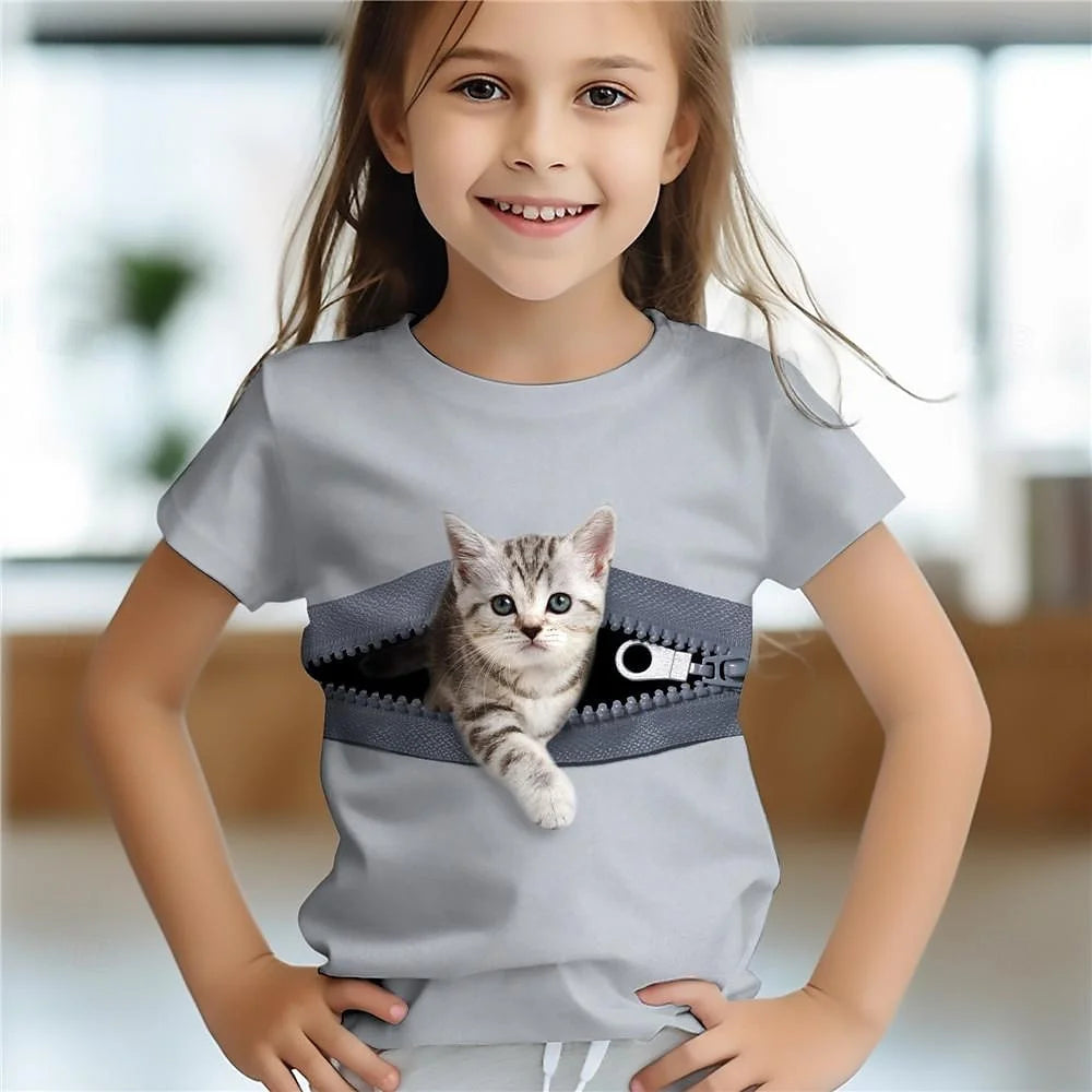 3d Printed Fun Children's Clothing Cute Animal Cat Baby Girl T-Shirt Summer Casual Short Sleeve Cool Girls' T-Shirt