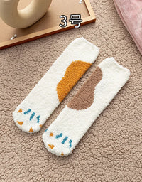 Autumn Winter Coral Velvet Socks Cute Cat Claw Socks For Women Children Girls Middle Tube Thickened Sleep Socks Home Floor Socks
