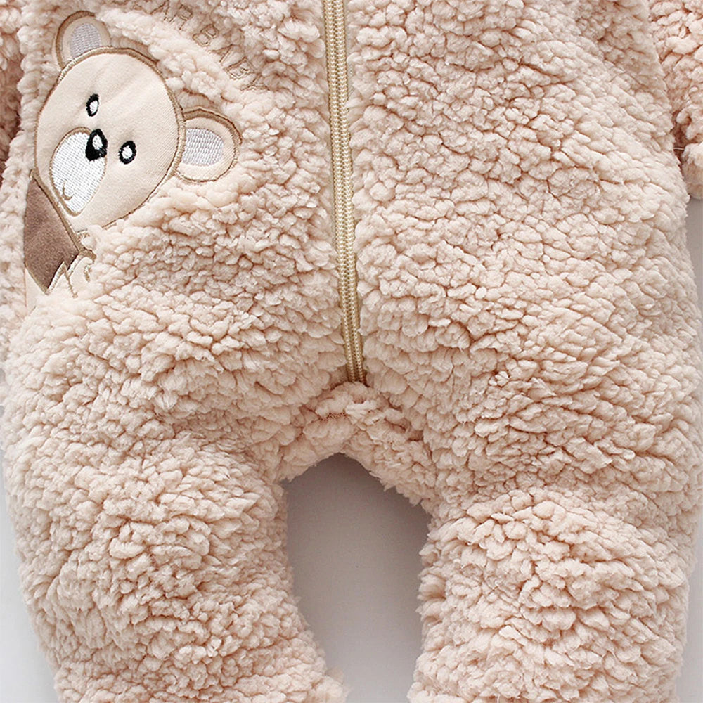 Baby Winter Thick Romper Solid Cotton Warm Long Sleeve Boy Girl Jumpsuit Clothes 0-24M Newborn Bear Fleece Hooded Pyjamas