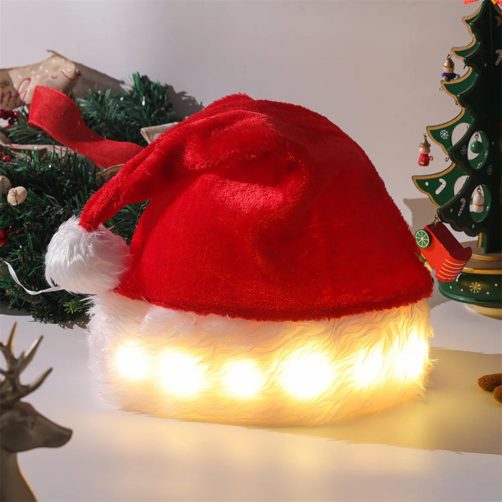 Funny LED Light Up Christmas Hat Plush Santa Hats with Bright Lights New Year Festive Holiday Party Supplies for Adults Kids