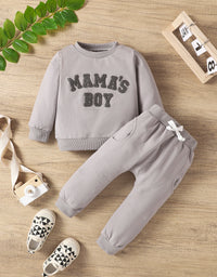 Autumn & Winter Newborn Baby ‘MAMA'S BOY’ Letter Embroidered Long Sleeved Pants Two-Piece Set
