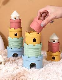 Stacking Cups Toy Fun Educational Baby Toys Silicone Soft Teething Toy Castle Frog Learning Tower Blocks for Infants Toddlers
