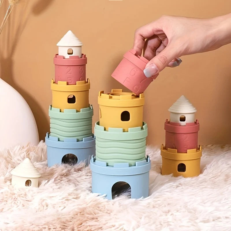 Stacking Cups Toy Fun Educational Baby Toys Silicone Soft Teething Toy Castle Frog Learning Tower Blocks for Infants Toddlers