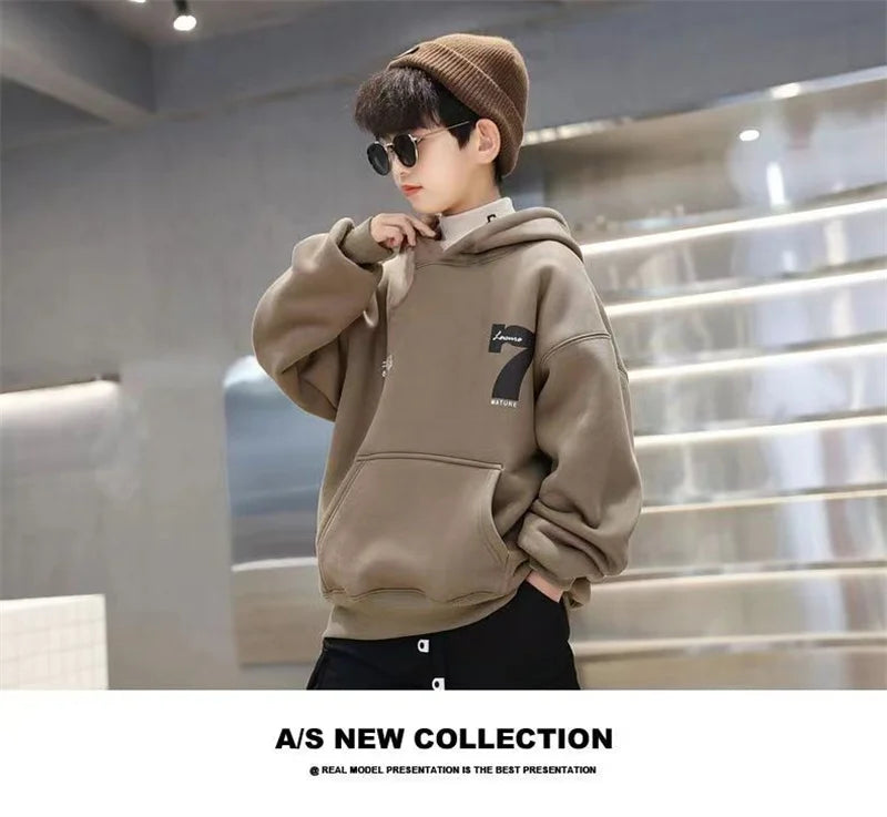 Boys Fashion Hoodies 2024 Autumn Winter Kids Sweatshirts New Handsome  Long Sleeved Clothes Big Children Loose Hooded Tops