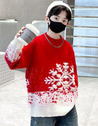 Child Autumn Winter Christmas Sweater One Piece For Boys Kids Red New Year Pullover Knitwear with Snowflakes Sweaters 5 To 14 Y
