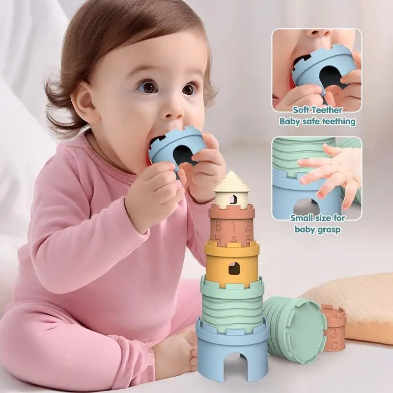 Stacking Cups Toy Fun Educational Baby Toys Silicone Soft Teething Toy Castle Frog Learning Tower Blocks for Infants Toddlers