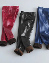 Baby Girls Leggings Winter Kids Thick Velvet Leggings Pencil Pants Children Warm Trousers Faux PU Leather Legging Slim Pant
