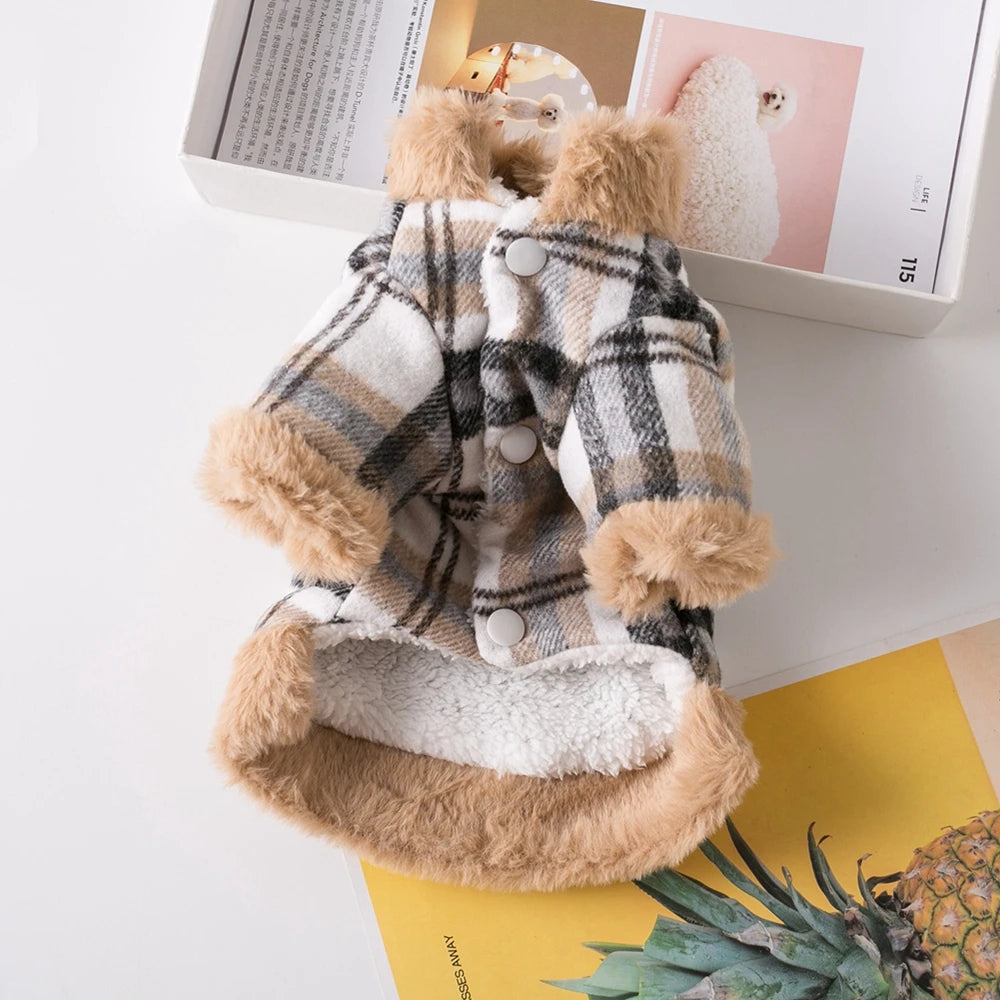 Winter Pet Jacket Clothes Grid Warm Small Dogs Clothing With Fur Collar Cotton Pet Outfits French Bulldog Coat Vest Chihuahua