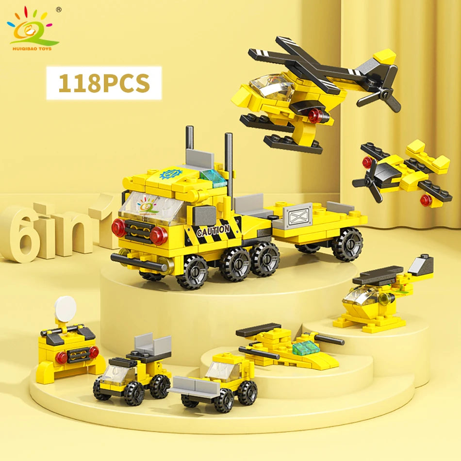 HUIQIBAO 6IN1 City Engineering Car Police Truck Building Blocks Tank Helicopter Bricks Fire Fighting Set Toys for Children