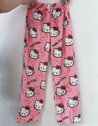 Sanrio Hello Kitty Y2k Kawaii Anime Flannel Pajamas Women'S Warm Woolen Cartoon Casual Home Pants Autumn Winter Fashion Trousers
