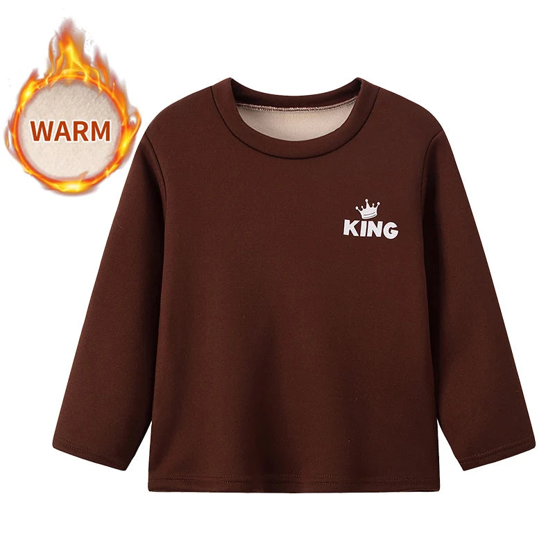 Autumn And Winter Children's Solid Color KING Letter Plus Velvet Long-sleeved Shirt Boy Casual Joker Thick Sweater Girl Sports T