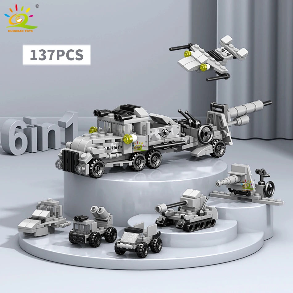 HUIQIBAO 6IN1 City Engineering Car Police Truck Building Blocks Tank Helicopter Bricks Fire Fighting Set Toys for Children