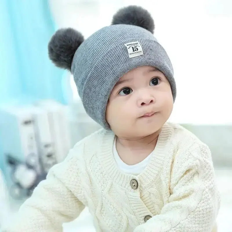 Winter Children Warm Baby Knitted Hats with Pom Pom Kids Knit Beanie Hats Solid Color Children's Hat for Boys Girls Accessories