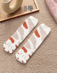 Autumn Winter Coral Velvet Socks Cute Cat Claw Socks For Women Children Girls Middle Tube Thickened Sleep Socks Home Floor Socks
