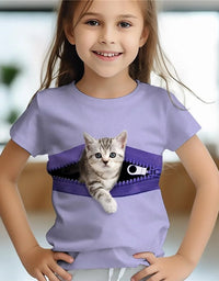 3d Printed Fun Children's Clothing Cute Animal Cat Baby Girl T-Shirt Summer Casual Short Sleeve Cool Girls' T-Shirt
