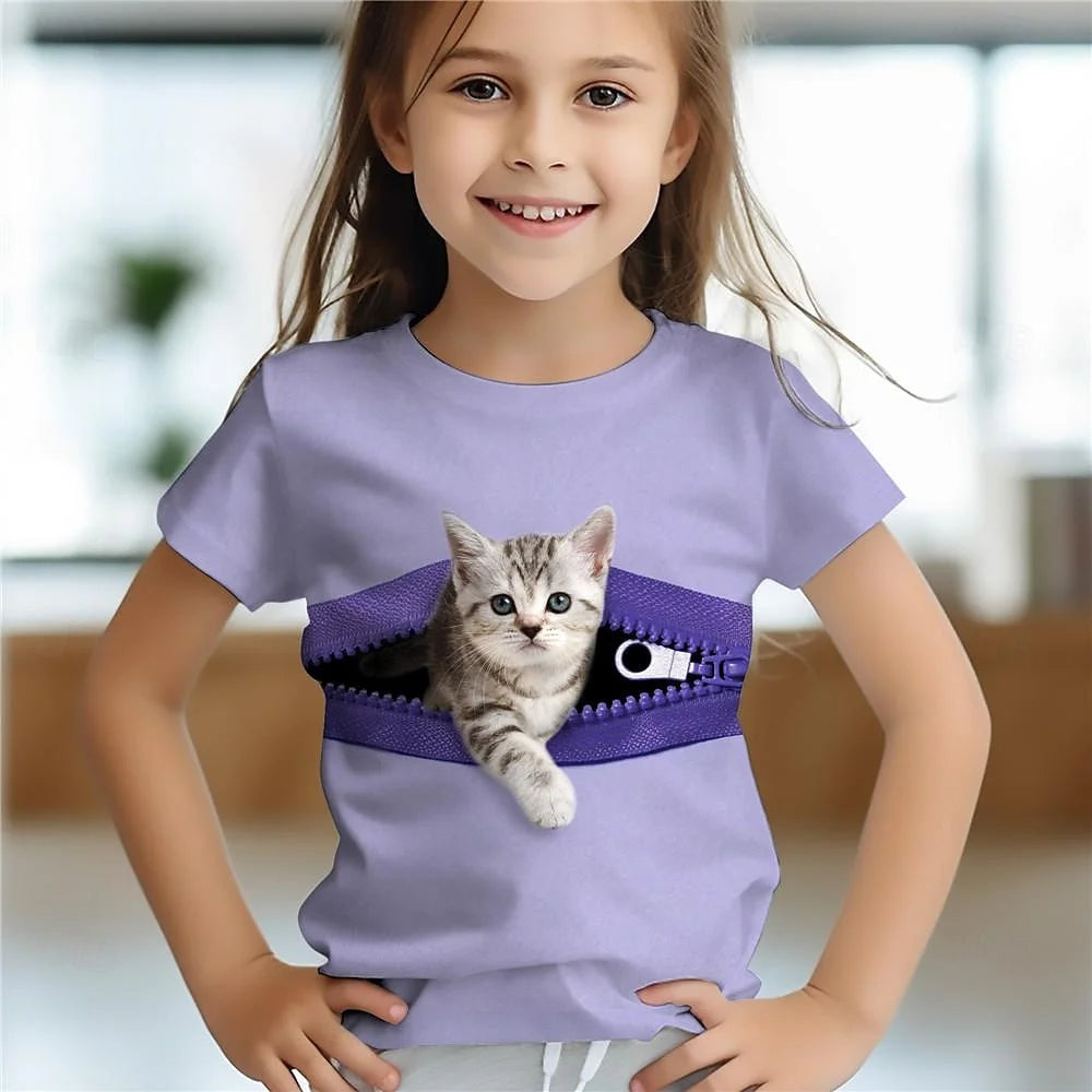 3d Printed Fun Children's Clothing Cute Animal Cat Baby Girl T-Shirt Summer Casual Short Sleeve Cool Girls' T-Shirt