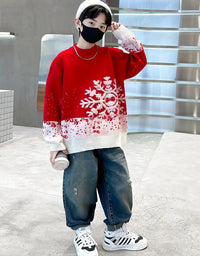 Child Autumn Winter Christmas Sweater One Piece For Boys Kids Red New Year Pullover Knitwear with Snowflakes Sweaters 5 To 14 Y
