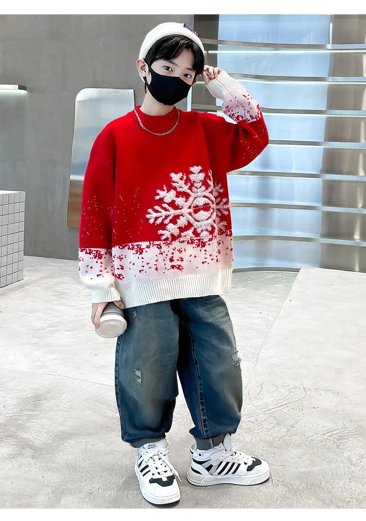 Child Autumn Winter Christmas Sweater One Piece For Boys Kids Red New Year Pullover Knitwear with Snowflakes Sweaters 5 To 14 Y