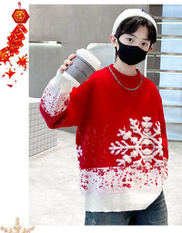 Child Autumn Winter Christmas Sweater One Piece For Boys Kids Red New Year Pullover Knitwear with Snowflakes Sweaters 5 To 14 Y
