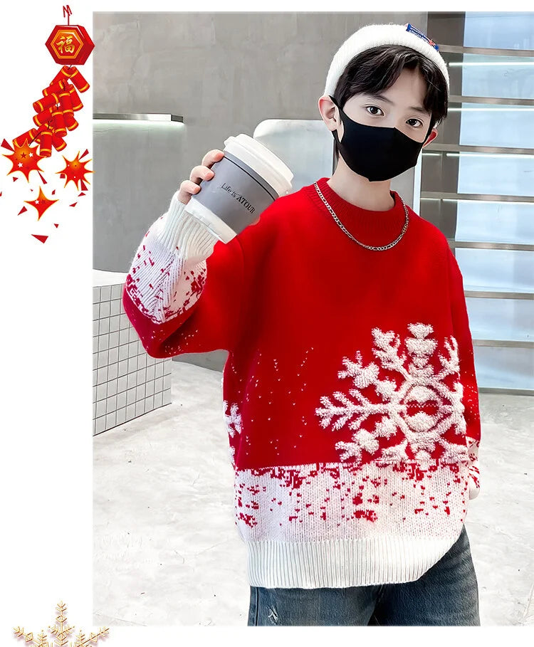 Child Autumn Winter Christmas Sweater One Piece For Boys Kids Red New Year Pullover Knitwear with Snowflakes Sweaters 5 To 14 Y