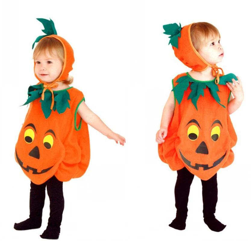 Kids Halloween Pumpkin Cosplay Costume for Toddler Boys Girls Stage Role Play Costumes Fancy Dress Tops+Hat Party Clothing Set