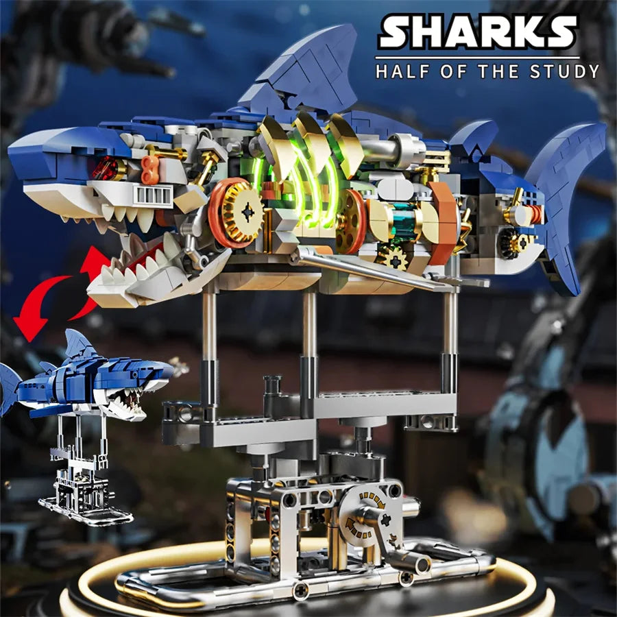 Mechanical Shark Building Set, Sea Life Crocodile Parrot Mantis Frog Manta Ray Building Blocks Light, Animal Toys Gift for Kid