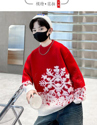 Child Autumn Winter Christmas Sweater One Piece For Boys Kids Red New Year Pullover Knitwear with Snowflakes Sweaters 5 To 14 Y
