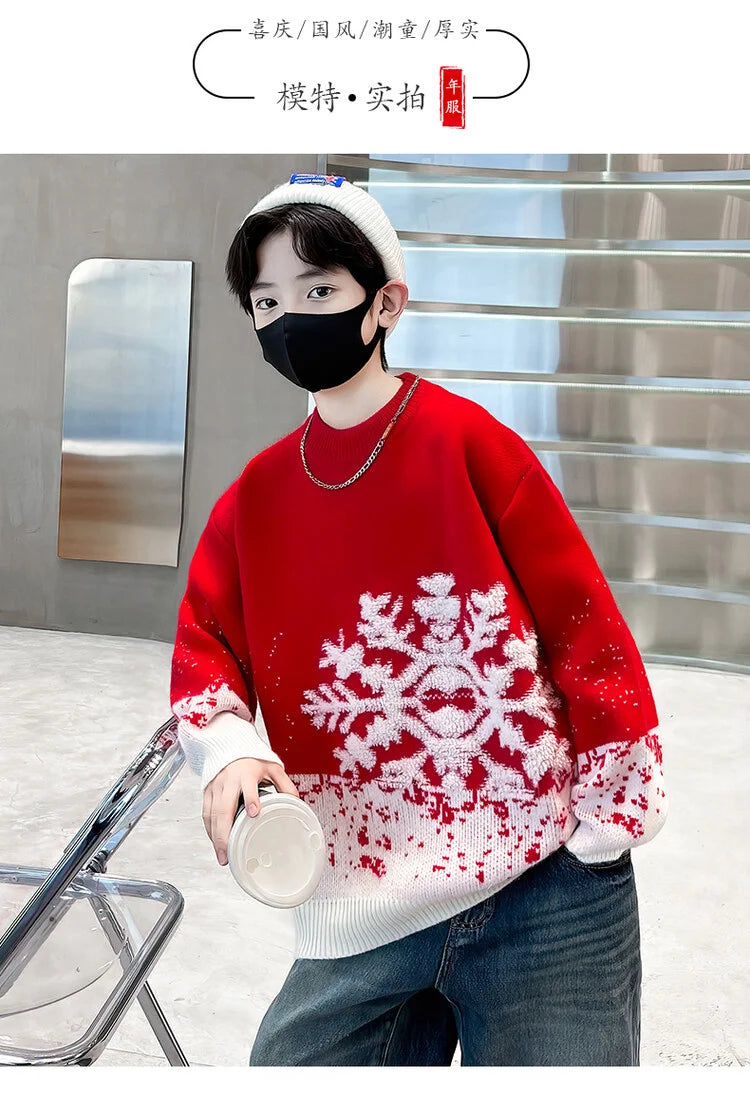 Child Autumn Winter Christmas Sweater One Piece For Boys Kids Red New Year Pullover Knitwear with Snowflakes Sweaters 5 To 14 Y