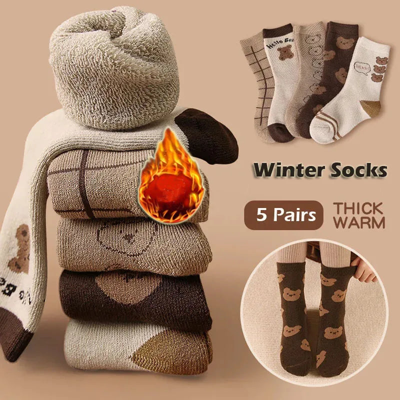 5 Pairs Baby Socks Winter Socks Thick Thermal Warm Socks Kids Cartoon Bear Cotton Socks For Boys Infant Snow Boot Calf Sock