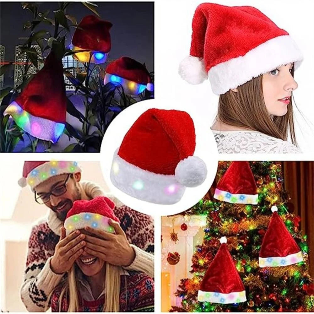 Funny LED Light Up Christmas Hat Plush Santa Hats with Bright Lights New Year Festive Holiday Party Supplies for Adults Kids