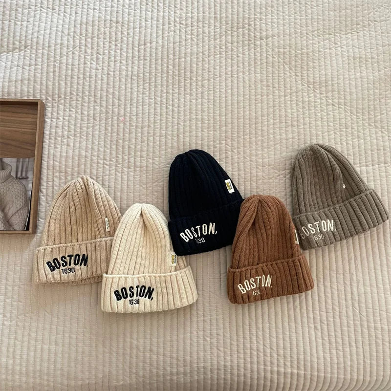 Autumn Winter Baby Embroidery Letter Knitting Caps Kid Boy Solid Warm Beanies Girl Children Fashion Casual Hat Infant Soft Caps