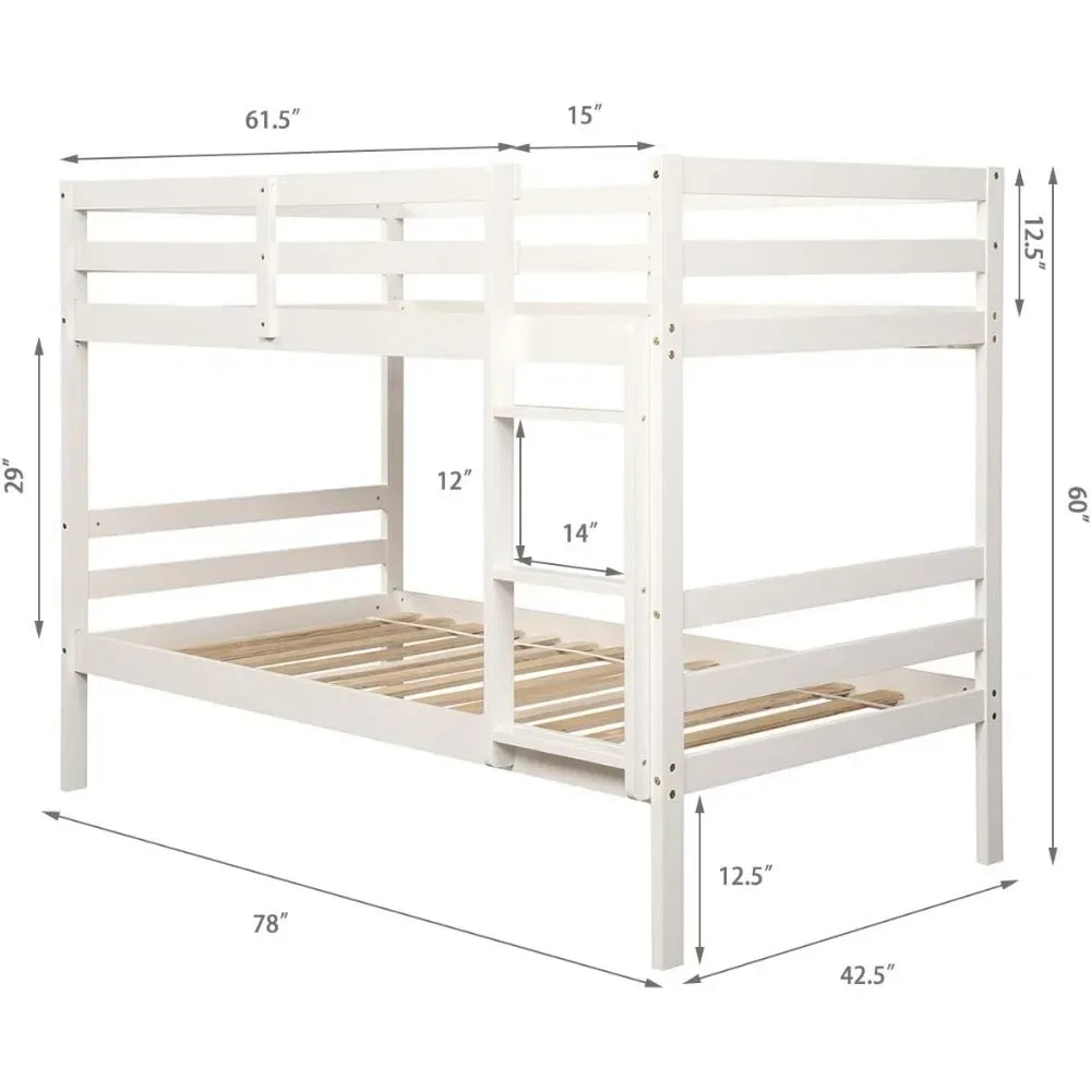 Twin Over Twin Bunk Beds, Wood Convertible Two Beds, Solid Rubberwood Bunk Bed with Built-in Ladder and Safety Rails, Beds