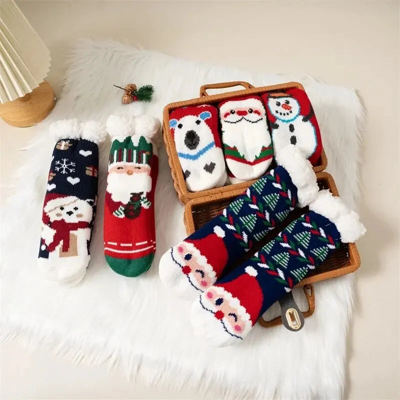 Winter Kids Cartoon Christmas Socks Boys Girls Thicken Cotton Warm Floor Children Sock Non-Slip Thermal Cute Family Socks