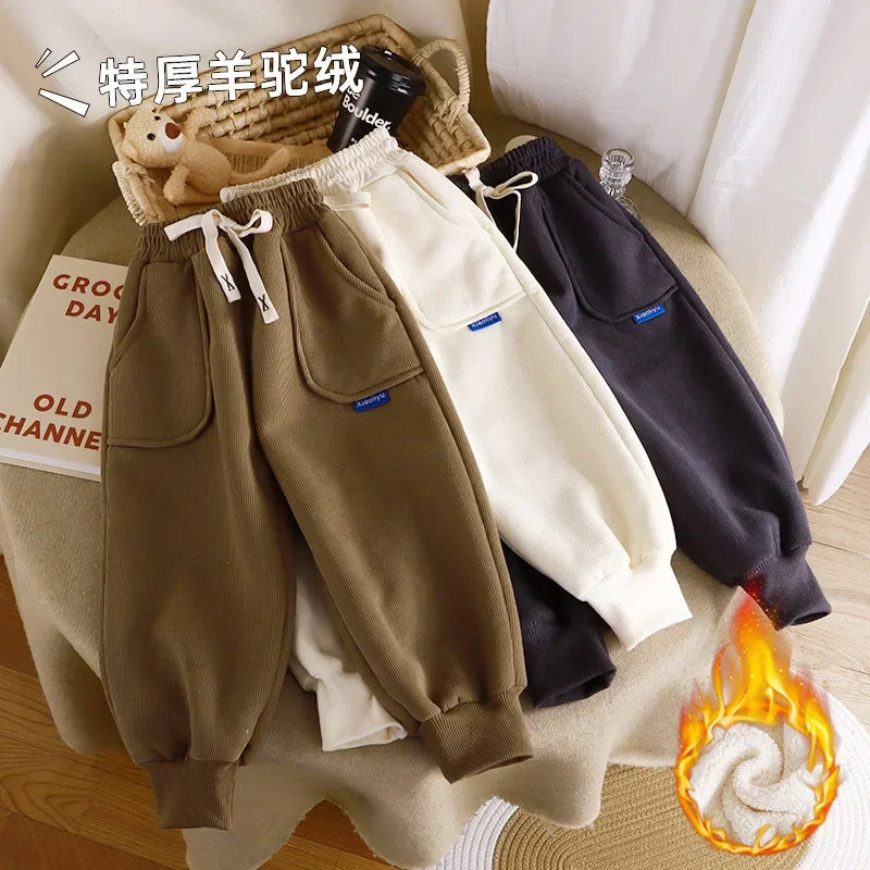 New Boys 2-12Y Winter Thick Sweatpants For Girls  Casual Pants Boy Student Loose Sports Pants Baby Pockets Kids Trousers