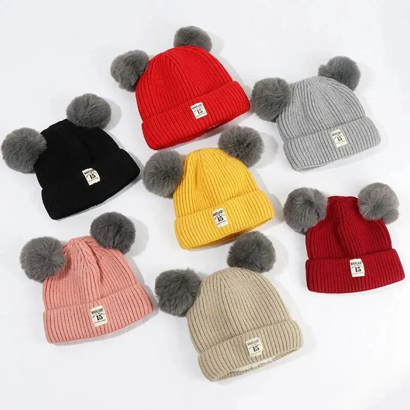 Winter Children Warm Baby Knitted Hats with Pom Pom Kids Knit Beanie Hats Solid Color Children's Hat for Boys Girls Accessories