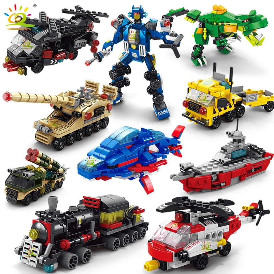 HUIQIBAO 6IN1 City Engineering Car Police Truck Building Blocks Tank Helicopter Bricks Fire Fighting Set Toys for Children